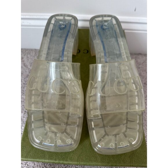 Gucci Sz 40 / US 10 Logo Transparent Clear Chunky Mule Sandals Block Heel Slides - Picture 4 of 16